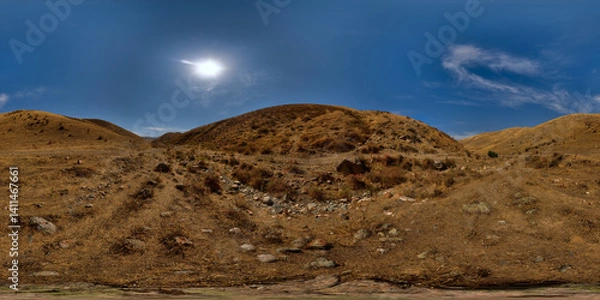 Obraz Spherical tone-mapped HDRi panorama of dry river bed between hills at sunny autumn day