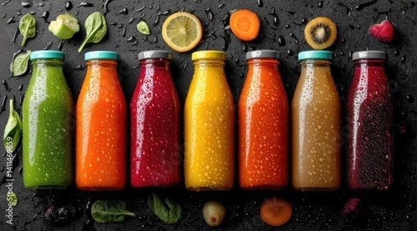 Obraz Reihe bunter Smoothies und Säfte in Glasflaschen auf dunklem Untergrund, Row of colorful smoothies and juices in glass bottles on dark surface