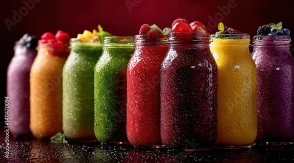 Obraz Vielfalt bunter Smoothies in Gläsern mit Tau, Variety of colorful smoothies in jars with dew