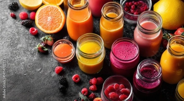 Obraz Bunte Smoothies mit frischen Früchten auf dunklem Untergrund mit Textfreiraum, Colorful smoothies with fresh fruits on dark background with text space