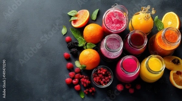 Obraz Bunte Smoothies mit frischen Früchten auf dunklem Untergrund mit Textfreiraum, Colorful smoothies with fresh fruits on dark background with text space