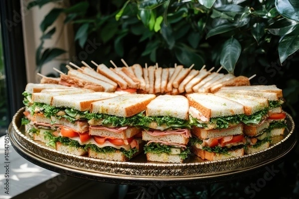 Fototapeta Sandwich platter: stacked sandwiches, club sandwiches, and bread stick snacks. Great for party spreads, buffet menus, and catering services advertisements.