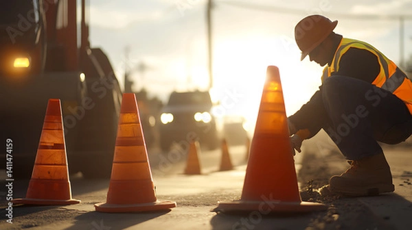 Fototapeta A road construction worker setting up traffic cones at a construction zone. Featuring safety and organization