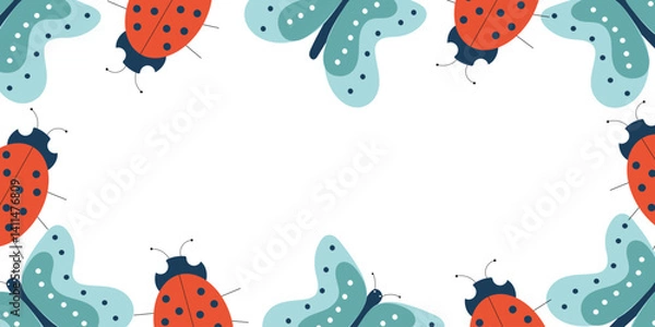 Fototapeta Charming cartoon ladybugs and butterflies create a cheerful border, perfect for any occasion