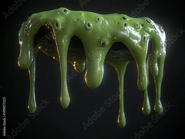 Fototapeta A textured green substance is dripping from an unseen dark object