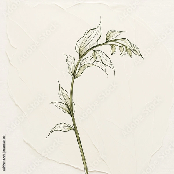 Fototapeta Minimalist line drawing of a Lily of the Valley stem with elegant, flowing lines and natural leaf structure, isolated on a neutral background