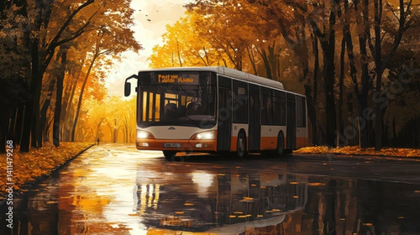 Fototapeta A bus travels through a serene, autumn landscape with golden leaves and reflections on the road.