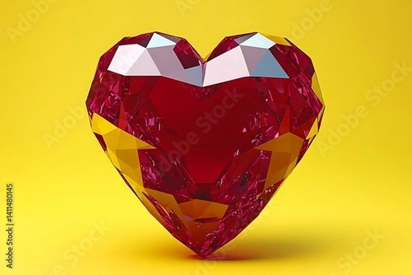 Fototapeta A Vibrant Ruby Heart Shaped Object Against Yellow Backdrop