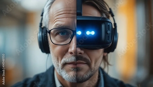 Fototapeta Man Experiencing Virtual Reality with Headset and Headphones