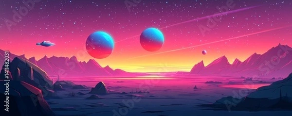 Fototapeta Vibrant planets and celestial bodies are depicted in a pixel art alien landscape