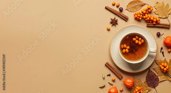 Obraz A minimal autumn-themed flat lay with a cup of tea, bright leaves, sea buckthorn berries, cinnamon and cloves on a pastel beige background, showing the image copy space