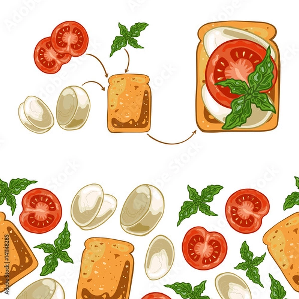Obraz Seamless pattern with sandwich: toast bread, mozzarella, tomato and basil, vector illustration