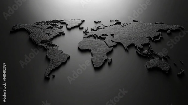 Fototapeta Modern Elegance: A Black 3D World Map Showcasing Continents and Landmasses in High Relief on a Subdued Dark Background, Perfect for Artistic Geographical Displays