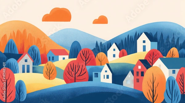 Fototapeta A colorful, illustrated landscape featuring hills, houses, and autumn trees.