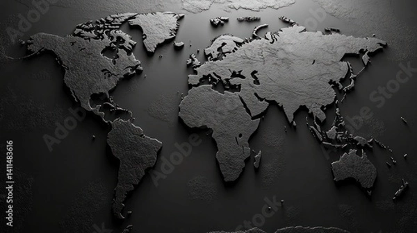 Fototapeta Modern Elegance: A Black 3D World Map Showcasing Continents and Landmasses in High Relief on a Subdued Dark Background, Perfect for Artistic Geographical Displays