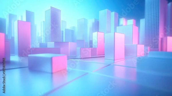 Fototapeta A futuristic cityscape with glowing geometric shapes in pastel colors.