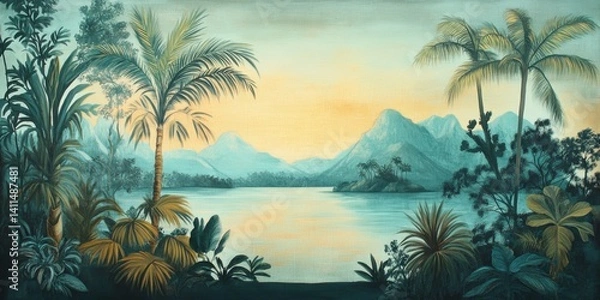 Fototapeta Wallpaper serene tropical landscape painting in pastel tones