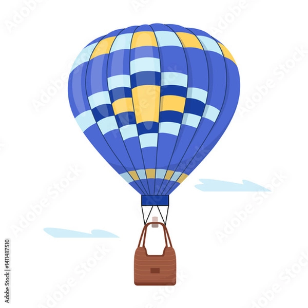 Fototapeta Blue hot air balloon with colorful pattern. Flying baloon design element for decorating invitation to show, flyer, banner. Aerial travel tourist transport with basket. Flat vector illustration