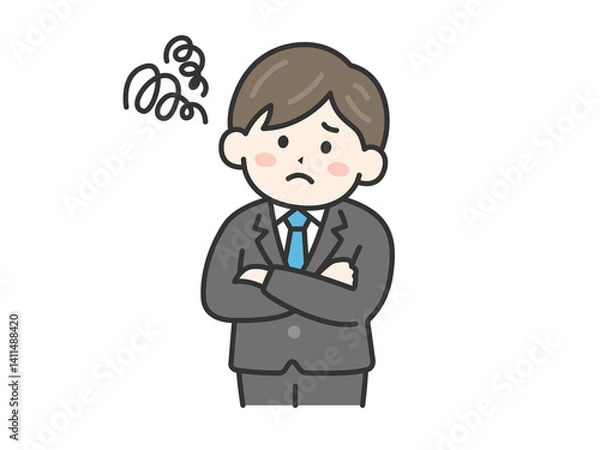 Fototapeta 困って首を傾げる、スーツを着た男性（線画カラー）のイラスト