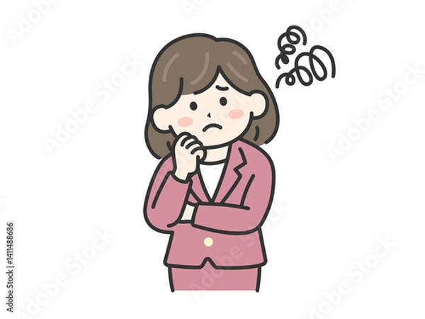 Fototapeta 頬に手をあて、首を傾げる、スーツを着た女性（線画カラー）のイラスト