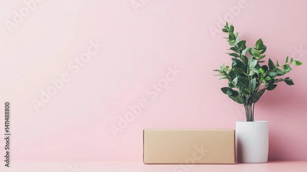 Fototapeta A minimalistic scene featuring a plant and a box on a pastel background.