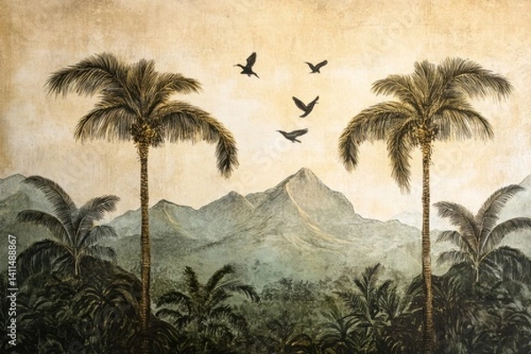 Fototapeta Wallpaper serene tropical landscape painting in pastel tones