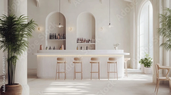 Fototapeta A modern bar interior featuring a minimalist design with wooden stools and plants.