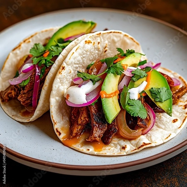 Fototapeta Pulled Beef Tacos with Avocado, Pickled Onions, Sour Cream, and Fresh Cilantro