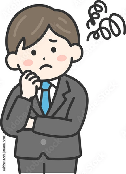 Fototapeta 頬に手をあて、首を傾げる、スーツを着た男性（線画カラー）のイラスト
