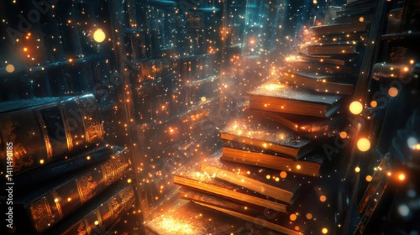 Fototapeta A mystical library filled with glowing books and enchanting particles.