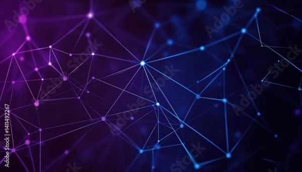 Fototapeta Dynamic Digital Network Visualization in Vibrant Blue and Purple Hues with Sparkling Nodes