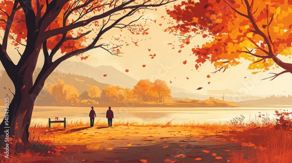 Fototapeta A serene autumn landscape with two figures walking by a lake surrounded by colorful trees.
