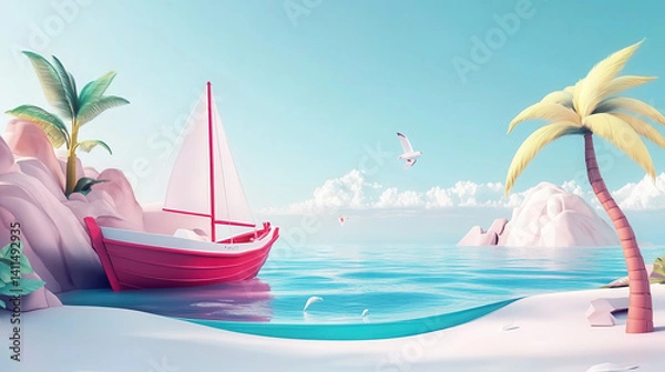 Fototapeta A serene beach scene featuring a pink sailboat, palm trees, and calm waters.