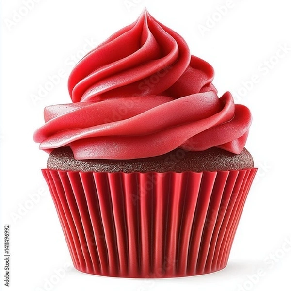 Fototapeta Delicious Chocolate Cupcake Topped with Swirls of Bright Red Frosting Set Against a White Background