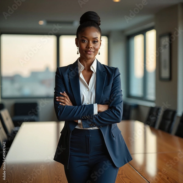 Obraz From the image photo with confident energy shows leadership and professionalism – a Black woman standing at the head of a conference table in modern office