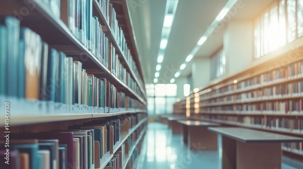 Fototapeta Perspective aisle in library with glowing ceiling lights