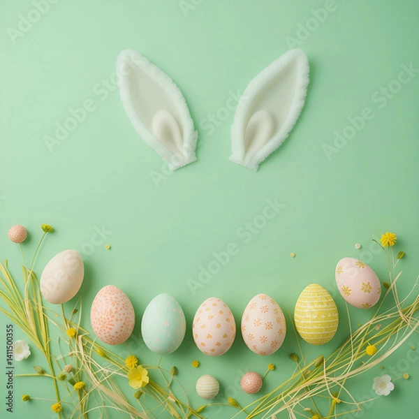 Fototapeta Pastel Easter Bunny Ears and Decorated Eggs on Mint Green Background