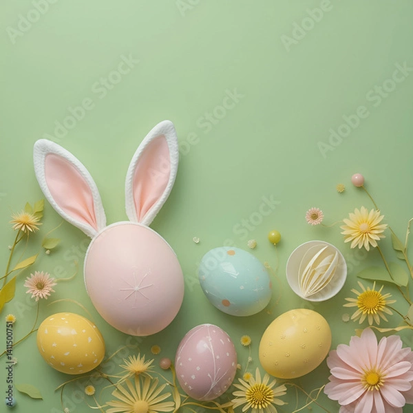 Obraz Pastel Easter Bunny Ears and Decorated Eggs on Mint Green Background