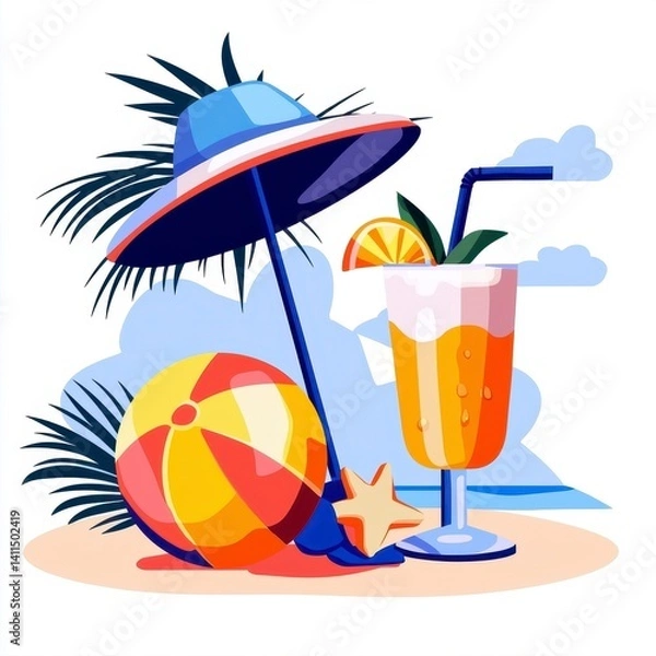 Fototapeta Colorful Tropical Beach Scene with Hat, Ball, Drink and Palm Leaves