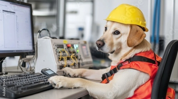 Fototapeta Dog in Safety Gear Operating Machinery in an Industrial Workplace Setting with Focus and Determination