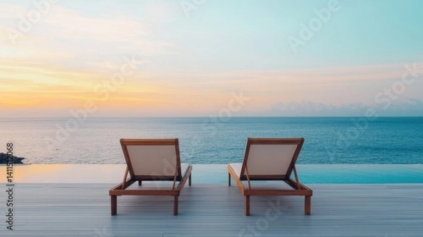 Fototapeta Serene Seaside View with Wooden Loungers at Sunset Over Calm Ocean Horizon and Clear Sky