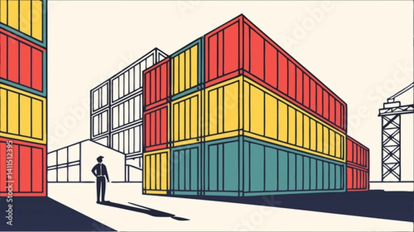 Fototapeta Global trade logistics colorful shipping containers a worker surveys the scene simple line art style
