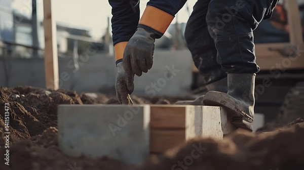 Fototapeta Construction worker wearing safety gear inspecting a building foundation. Featuring safety measures and quality control