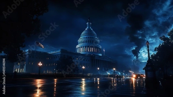Fototapeta The US Capitol under a stormy night sky, a dramatic and melancholic scene reflecting the weight of history and the power of nature's fury.