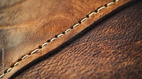 Fototapeta A prominently featured hand-stitched leather patch on a white background highlights exquisite craftsmanship and texture, perfect for branding fashion