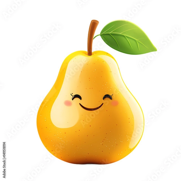 Fototapeta A cheerful cartoon pear with a smiling face and a green leaf, set against a simple background (1)
