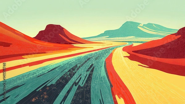 Fototapeta A vibrant, stylized landscape featuring a winding road through colorful hills and mountains.