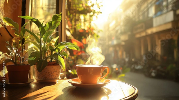 Fototapeta A warm cup of coffee sits on a table beside a vibrant plant, with sunlight streaming in.