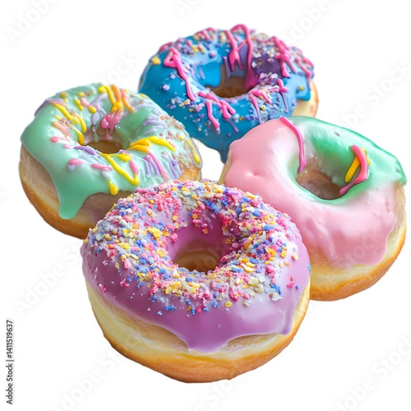 Fototapeta A colorful assortment of four frosted donuts with sprinkles on a bright background