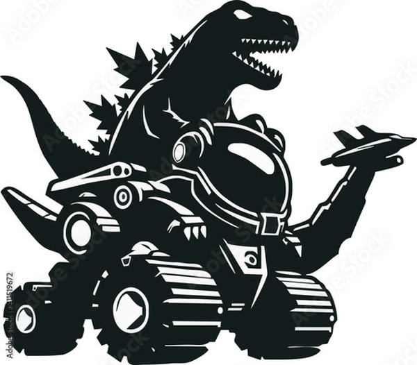 Obraz Stylized cartoon monster, black and white silhouette, dinosaur-like creature, driving monster truck, spiky back, sharp teeth, oversized wheels, airplane in hand, retro comic book style, high contrast,